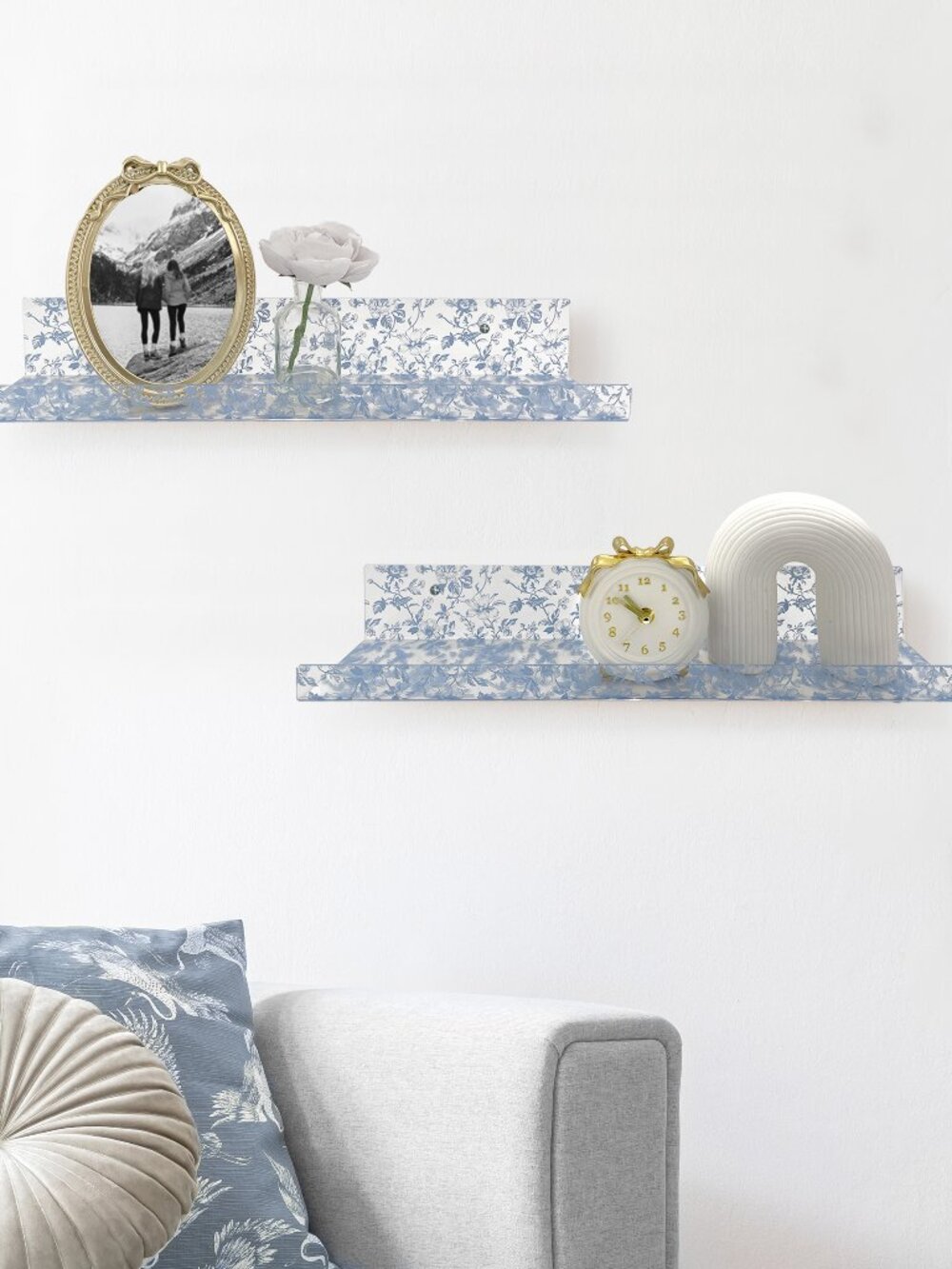 Blue Toile Acrylic Floating Wall Shelves, Set of 2